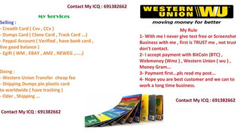 ICQ:691382662 Sell Fresh Good Cvv - Dumps Base Pin ATM Track Card - WU Transfer