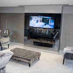 Grey Dielectric Mirror TV Glass Fireplace with a 65" OLED TV - Living Room Furniture