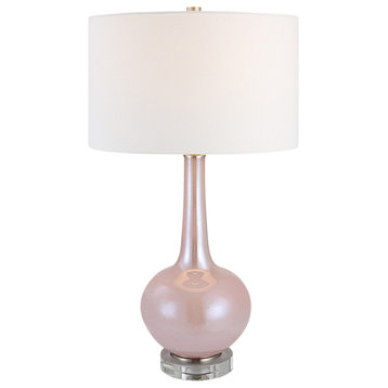 Elegant Blush Pink Art Glass Table Lamp 29 in Organic Bottle Shape Round