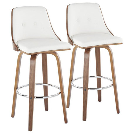 Walnut Wood, Chrome Metal, White PU Gianna Fixed-Height Barstool - Set of 2