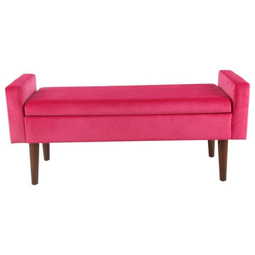 Velvet Upholstered Wooden Bench With Tapered Legs & Track Armrest, Pink & Brown