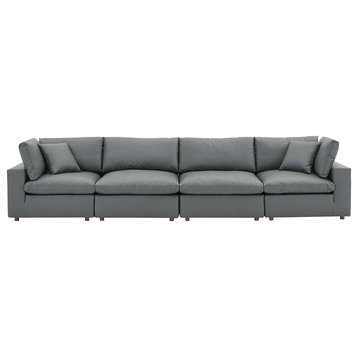 Commix Down Filled Overstuffed Vegan Leather 4-Seater Sofa, Gray