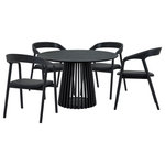 Armen Living - Pasadena Apache 5-Piece Round Dining Set, Black Oak Finish Black Faux Leather - Introducing the Pasadena Apache 5 Piece Round Dining Set. This set includes the 1 Pasadena round dining table and 4 Apache dining chairs. Crafted with meticulous attention to detail, the round shape of the table brings a touch of sophistication, creating a dynamic focal point for gatherings in your dining room. The compact 47-inch size makes it an ideal choice for those seeking a small dining table without compromising on style. Its versatility extends beyond the dining room, seamlessly integrating into kitchens as a modern kitchen table. The Apache chairs showcase a sophisticated blend of Black Oak Wood and Faux Leather, creating a sleek and timeless aesthetic. The upholstered dining chair design provides both comfort and style. Their contemporary design ensures they seamlessly integrate into various interior styles, elevating the ambiance of any space. The versatility of these chairs extends beyond the dining room; they make for stylish additions such as vanity chairs or accent pieces, enhancing the aesthetic appeal of any room. The retro allure of mid-century design is present in the slatted paneling on the column structure of the pedestal base, further elevating its appeal, whilst lending its unmistakable character and attractive, architectural-like quality. This 5-piece dining set comes complete with the Apache Black Oak Wood and Faux Leather Dining Chairs and one of 3 different color variations for the Pasadena table. This exquisite oval dining table is available in an all-black oak finish, an all-natural oak finish, or a walnut tabletop finish with a black base to suit any room.