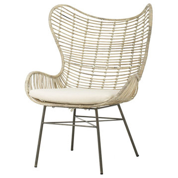 Coastal Accent Chair, Wingback Design With Metal Legs and Padded Seat, White