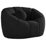 Meridian Furniture - Elijah Boucle Fabric Upholstered Chair, Black - Sit back and relax in casual style when you bring home this Elijah boucle fabric chair. Inspired by the unmistakably relaxed vibe created by a classic bean bag, this inviting chair features a rounded design with deep channel tufting for added support and resilience. It comes with an accent pillow for even more welcoming comfort, and the chair is upholstered all over with rich black boucle fabric that beckons you to sit, rest, and take it easy.