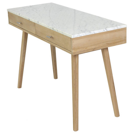 Viola 44" Rectangular Italian Carrara White Marble Writing Desk, Oak, 18" Wide