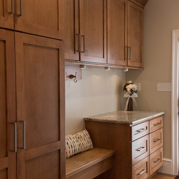 Warm Wood Transitional Kitchen Remodel | Granite Countertops & Tile Accent Wall