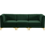 Meridian Furniture - Alina Velvet Upholstered 3-Piece Modular Sectional, Green - Bring modern beauty to your space with the addition of this Alina Velvet Modular Sofa. This beautiful sofa features deep channel tufting to ramp up its visual interest and add to its resilient demeanor. Its soft green velvet upholstery blends nicely with existing elements in your room and is sleek to the touch, making this seat a super comfortable one. Part of the modular Alina collection, this sofa has a latch that attaches it to other pieces to create your custom seating arrangement.