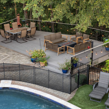 Backyard Pool and Outdoor Living with Elevated Deck & Illuminated Creek Bed