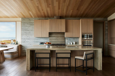 Example of a beach style single-wall dark wood floor, brown floor and wood ceiling kitchen design in San Francisco with flat-panel cabinets, light wood cabinets, beige backsplash, marble backsplash, stainless steel appliances, an island and beige countertops