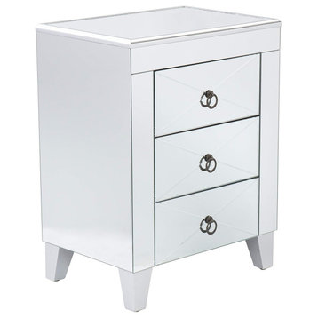 Modern End Table, Rectangular Shape With Mirrored Panels and 3 Storage Drawers
