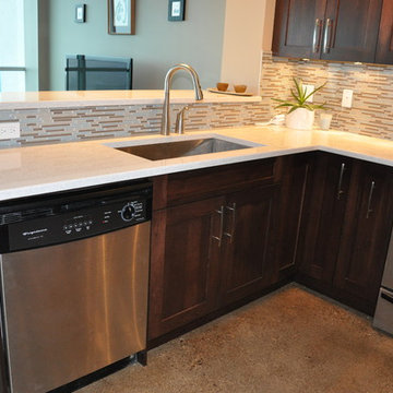 Kitchen overlooks living room