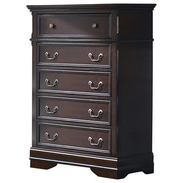 Tall Dresser, 5 Drawers With Raised Panels and Antique Brass Knobs, Cappuccino