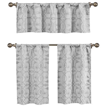 Dawn Jacquard Window Curtain Set, Botanical Design, 1 Valance, 2 Tiers, Gray