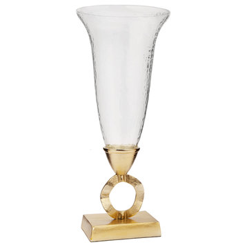 Hammered Glass Vase, Gold Brass Loop Stem, 7.5"x8"