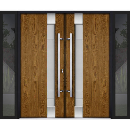 Exterior Prehung Metal Double Doors Deux 1713Oak Frosted Glass 2 s Black Left