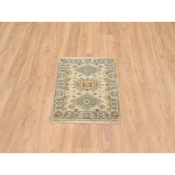 Ivory and Gray, Karajeh Design, Organic Wool Hand Knotted Mat Rug, 2'1"x3'0"