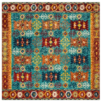Southwestern Area Rug, Low Loop Wool Pile With Blue/Red Tones, 7' X 7' Square