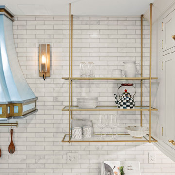 Brass Open Shelving & Custom Marina Blue Range Hood