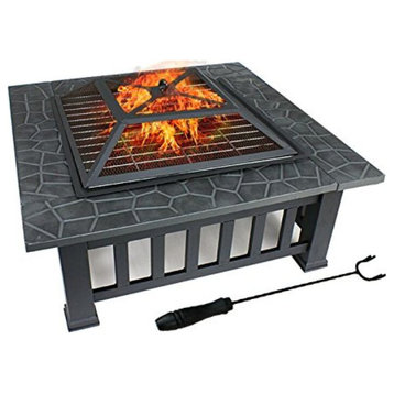 32" Outdoor Black Iron Square Fire Pit With Spark Screen And Waterproof Cover