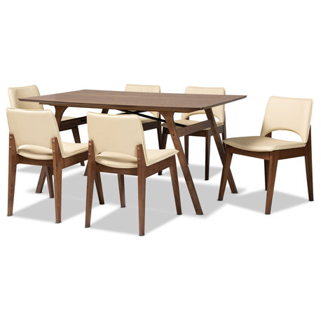 Afton Beige Faux Leather Upholstered and Brown Finished Wood 7-Piece Dining Set