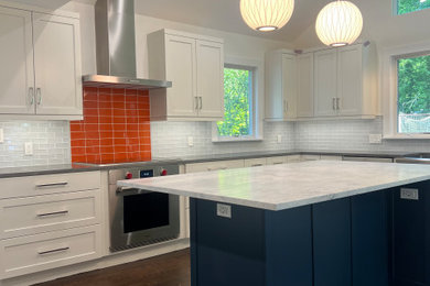 Trendy dark wood floor, brown floor and vaulted ceiling kitchen photo in New York with shaker cabinets, multicolored backsplash, glass tile backsplash, stainless steel appliances and an island