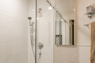 Mid-sized white tile and subway tile mosaic tile floor freestanding bathtub photo in Chicago with a one-piece toilet and a pedestal sink