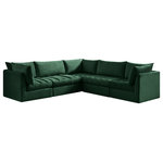 Meridian Furniture - Jacob Velvet Upholstered 5-Piece L-Shaped Modular Sectional, Green - Create the ideal seating arrangement for your space when you pick and choose the elements you like mostincluding this Jacob velvet modular sectional. Mix and match items in the Jacob collection to bring your living space or family room together with a personalized slant. Soft green velvet upholstery is soft and welcoming to the touch, adding a luxurious feel to everyday seating. Deep channel tufting adds to the piece's durability, and latches underneath the unit make it easy to attach to other pieces in the collection.