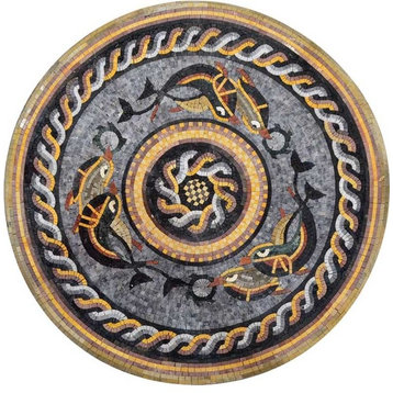 Nautical Medallion Design Mosaic Stone Art, 24x24