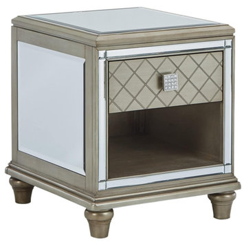 Contemporary Side Table, Bun Feet & Unique Beveled Mirrored Accents, Silver