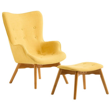 Mid Century Accent Chair, Button Tufted Seat & Back With Footstool, Muted Yellow