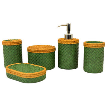 Bathroom Accessory Set | Brown & Green Weave Design