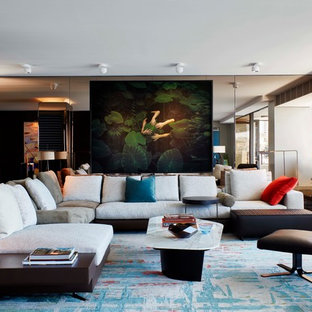 Idéer för att renovera ett stort funkis allrum med öppen planlösning, med ett finrum, flerfärgade väggar, heltäckningsmatta och flerfärgat golv