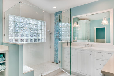 Inspiration for a transitional white tile and subway tile white floor bathroom remodel in Miami with a drop-in sink and quartz countertops