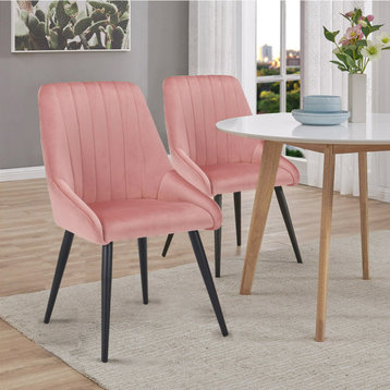 Set of 2 Vertical Channel Tufting Velvet Dining Chairs, Pink