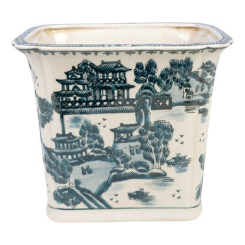 Blue and White Blue Willow Square Porcelain Rectangular Pot