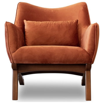 Pemberly Row Mid-Century Velvet Tight Back Armchair with Pillow in Orange