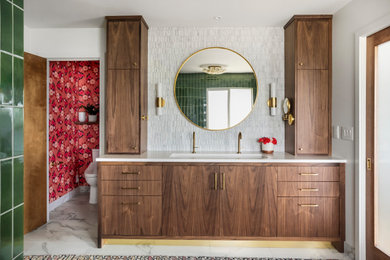 Large trendy master single-sink bathroom photo in Portland with flat-panel cabinets, medium tone wood cabinets, marble countertops, white countertops and a built-in vanity