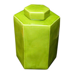 Chinese Hand Glazed Light Olive Green Porcelain Hexagon Jar vs4716 - Decorative Objects And Figurines