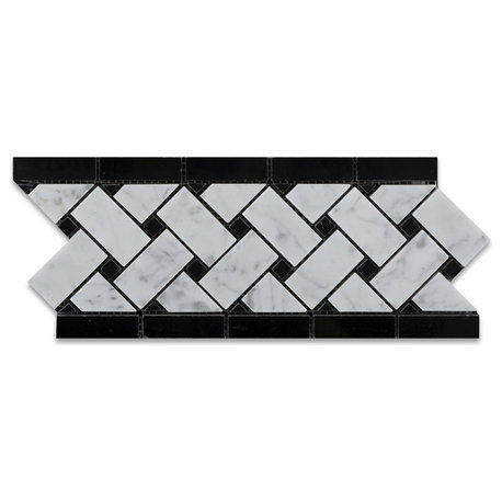 Carrara White Marble Honed Basketweave Border Listello w/ Black Dots