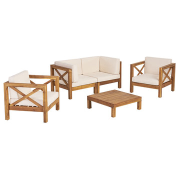 Morgan Outdoor 4 Seater Acacia Wood Loveseat Chat Set, Beige