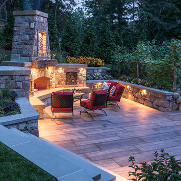 outdoor stone fireplace and patio