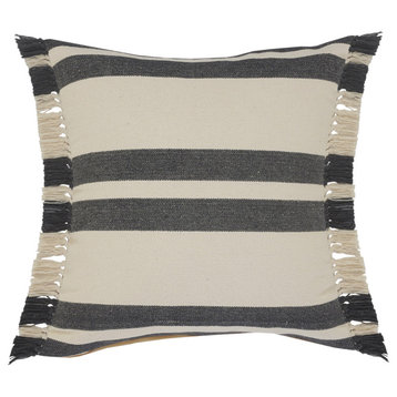 Gray Double Striped Throw Pillow with Fringe, 16" X 24"