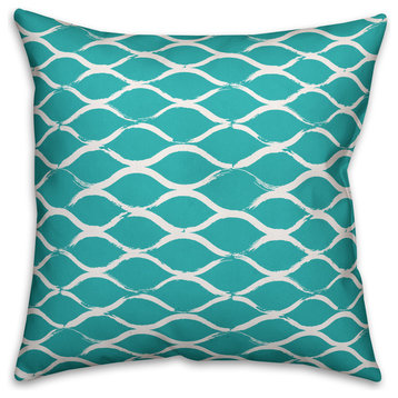 Teal and White Netting Pattern Outdoor Throw Pillow, 18x18