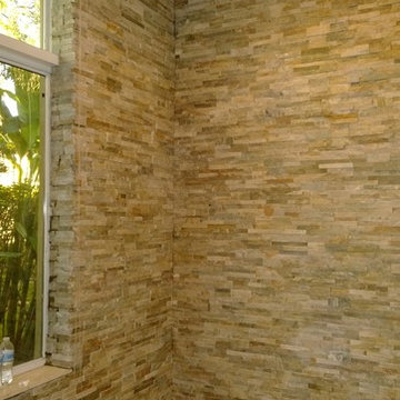 Interior natural stone veneer walls.