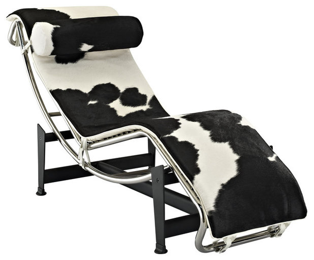 Contemporary Chaise Longue Le Corbusier Lc4 Style Pony Hide Lounge Chair - Black