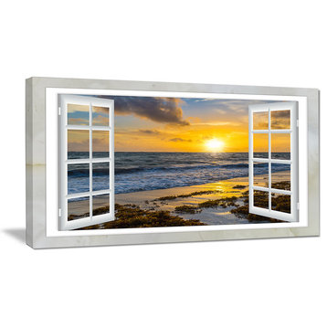 "Open Window To Bright Yellow Sunset" Modern Seascape Wall Art, 40"x20"