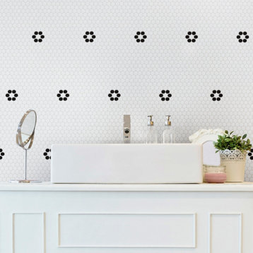 Metro Penny Matte White w/ Black Flower Porcelain Floor and Wall Tile