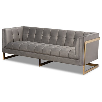 Rolland Gray Velvet Upholstered and Button Tufted Sofa With Gold-Tone Frame