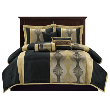 Kath 7-Piece Jacquard Comforter Set, Black Gold, King